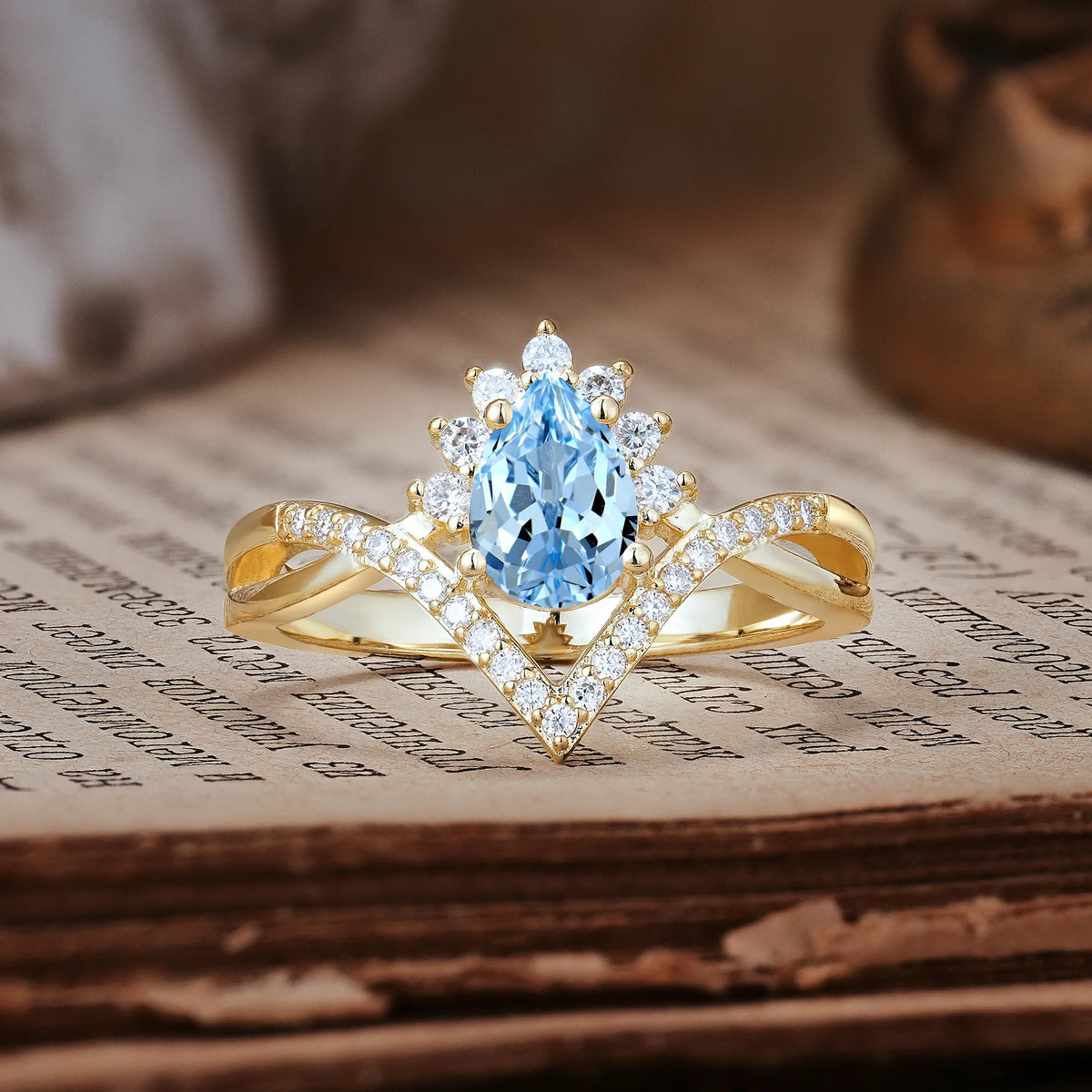 Princess Crown Pear Cut Halo V Shaped Twisted Pavé Shank Aquamarine Engagement Ring