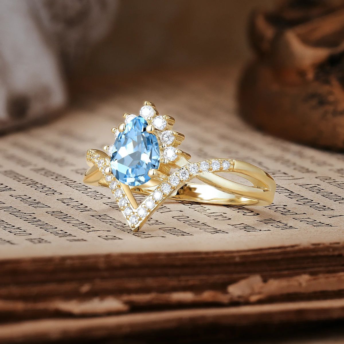 Princess Crown Pear Cut Halo V Shaped Twisted Pavé Shank Aquamarine Engagement Ring