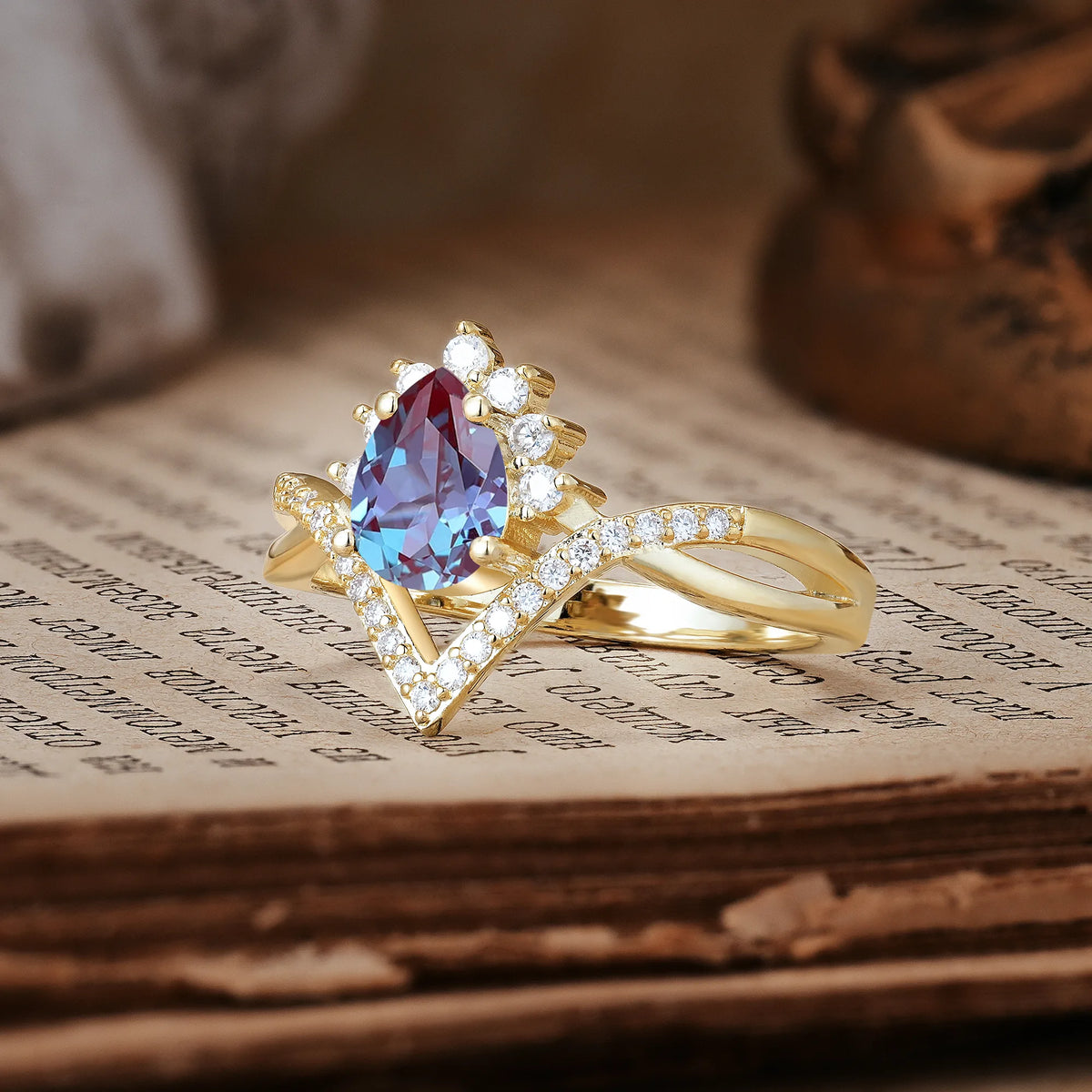 Princess Crown Pear Cut Halo V Shaped Twisted Pavé Shank Alexandrite Engagement Ring