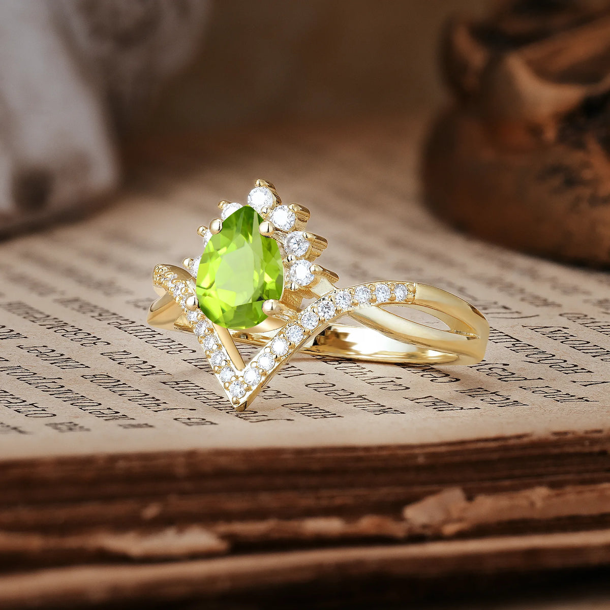 Princess Crown Pear Cut Halo V Shaped Twisted Pavé Shank Peridot Engagement Ring