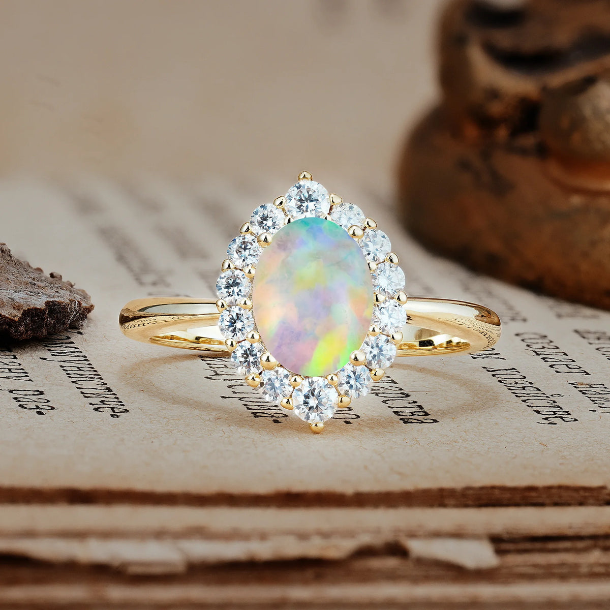 Dainty Plain Polished Band Ball Prong Oval Cut Halo Stackable Fire Opal Engagement Ring