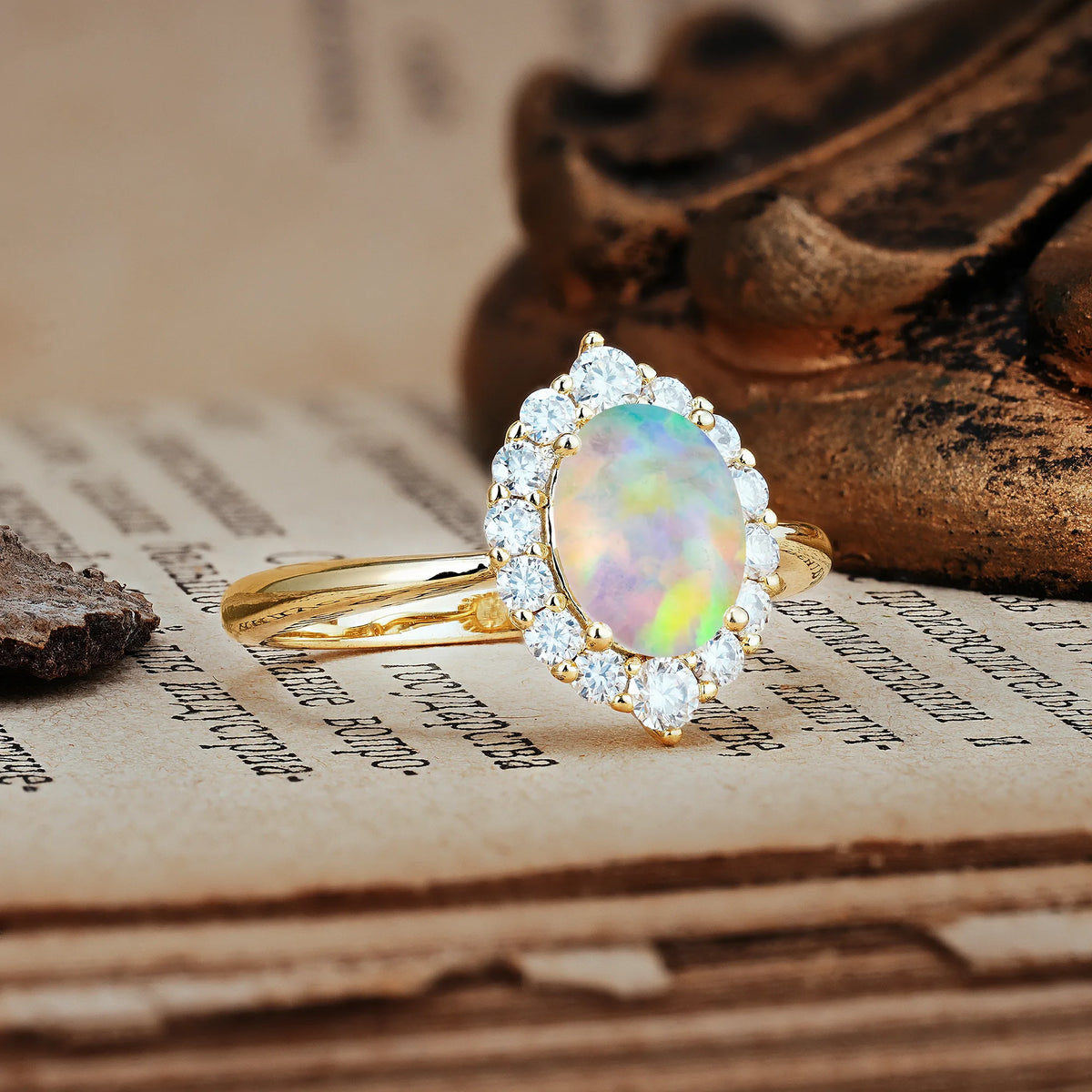 Dainty Plain Polished Band Ball Prong Oval Cut Halo Stackable Fire Opal Engagement Ring