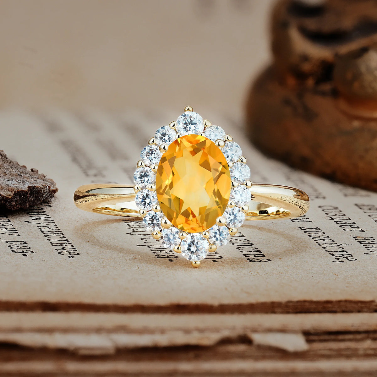 Dainty Plain Polished Band Ball Prong Oval Cut Halo Stackable Citrine Engagement Ring