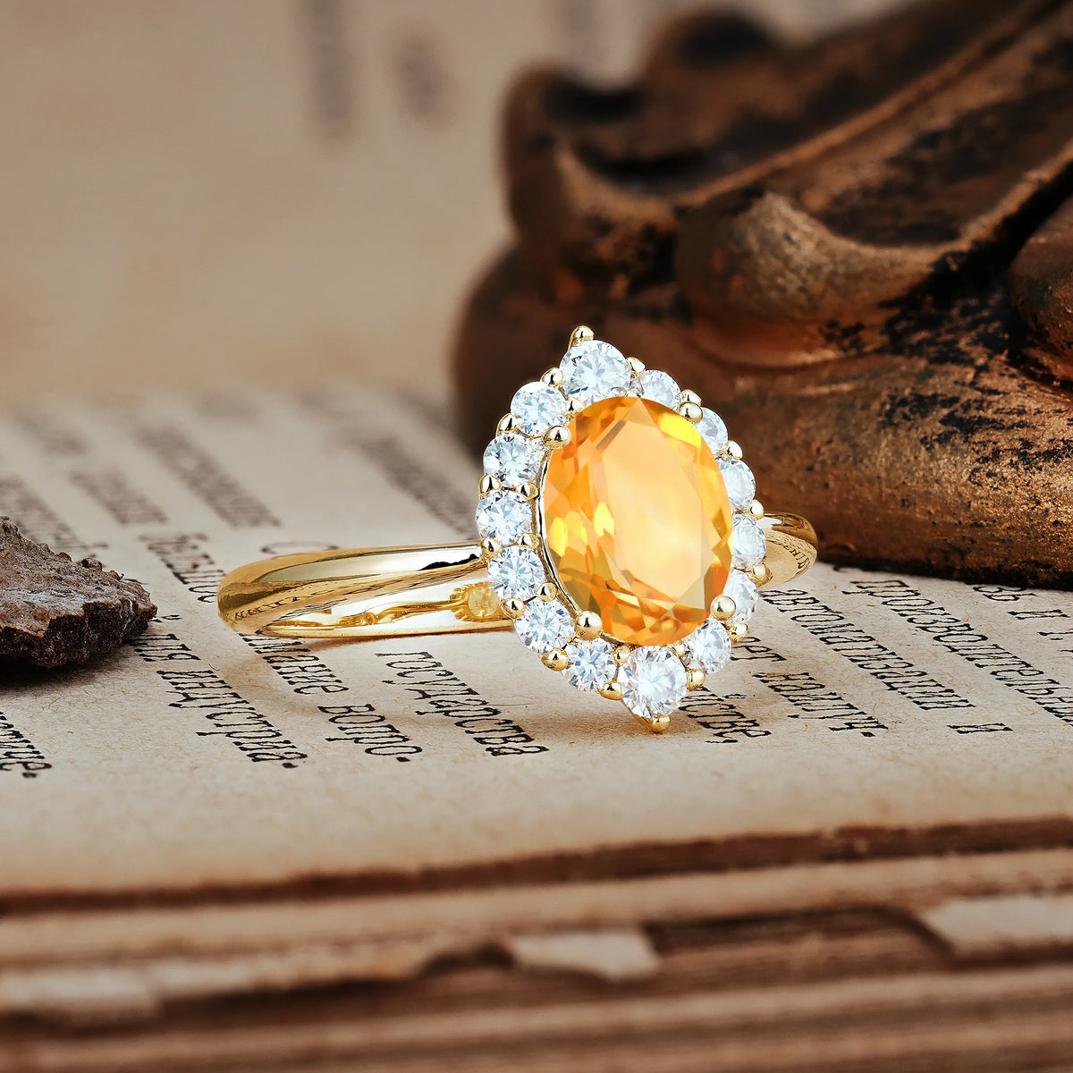 Dainty Plain Polished Band Ball Prong Oval Cut Halo Stackable Citrine Engagement Ring