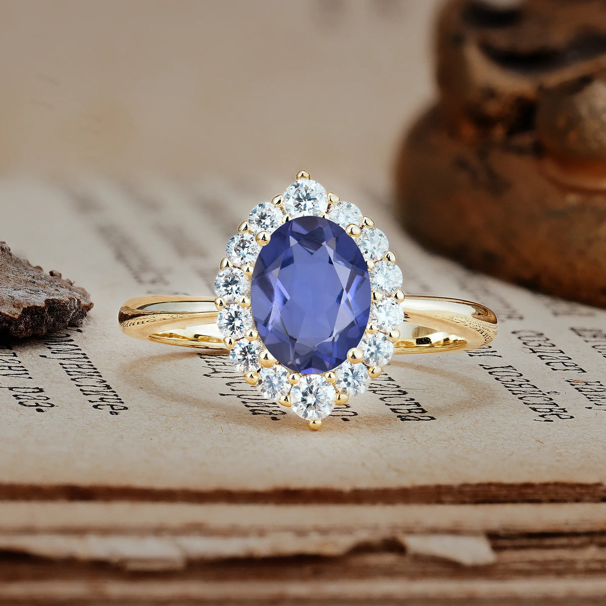Dainty Plain Polished Band Ball Prong Oval Cut Halo Stackable Tanzanite Engagement Ring