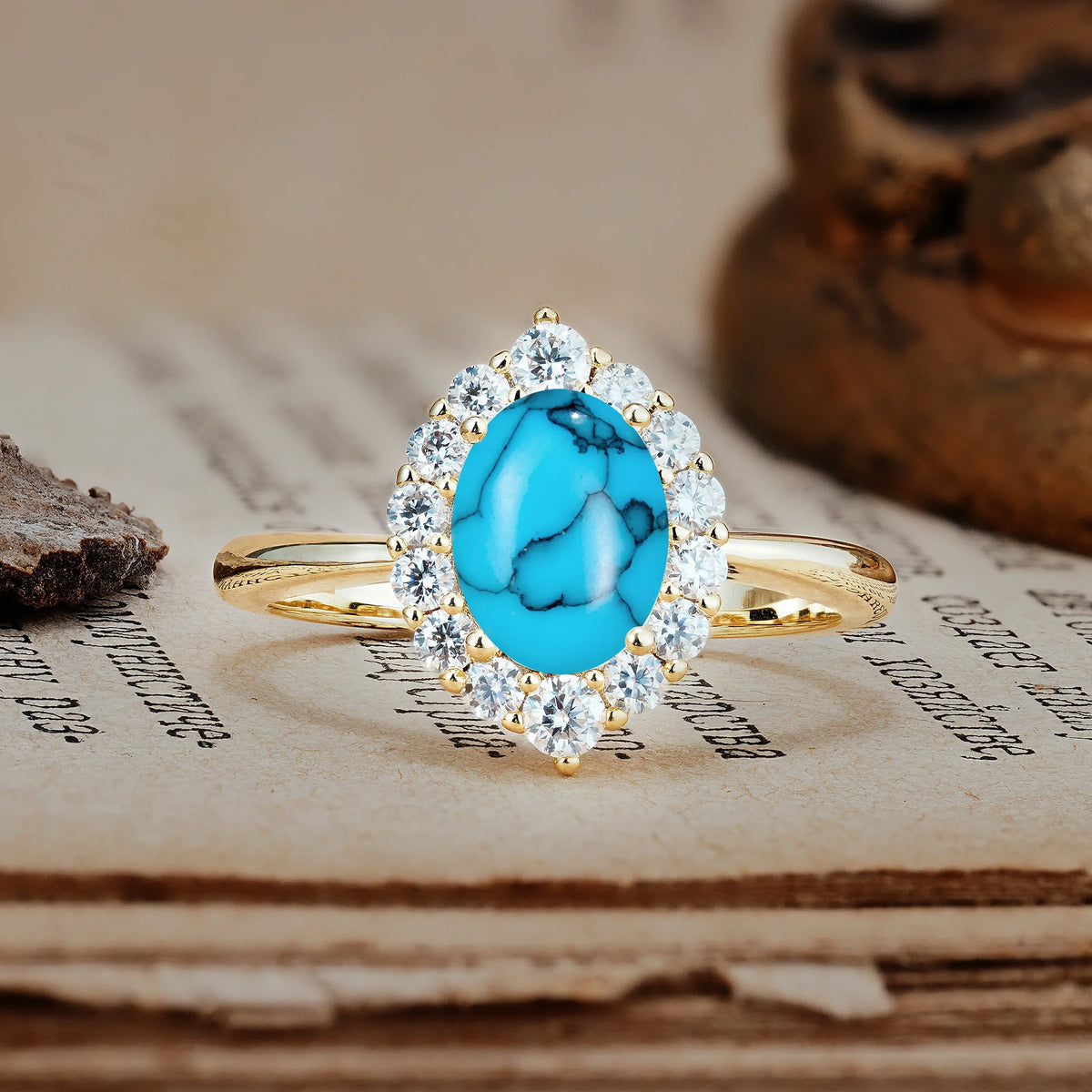 Dainty Plain Polished Band Ball Prong Oval Cut Halo Stackable Turquoise Engagement Ring
