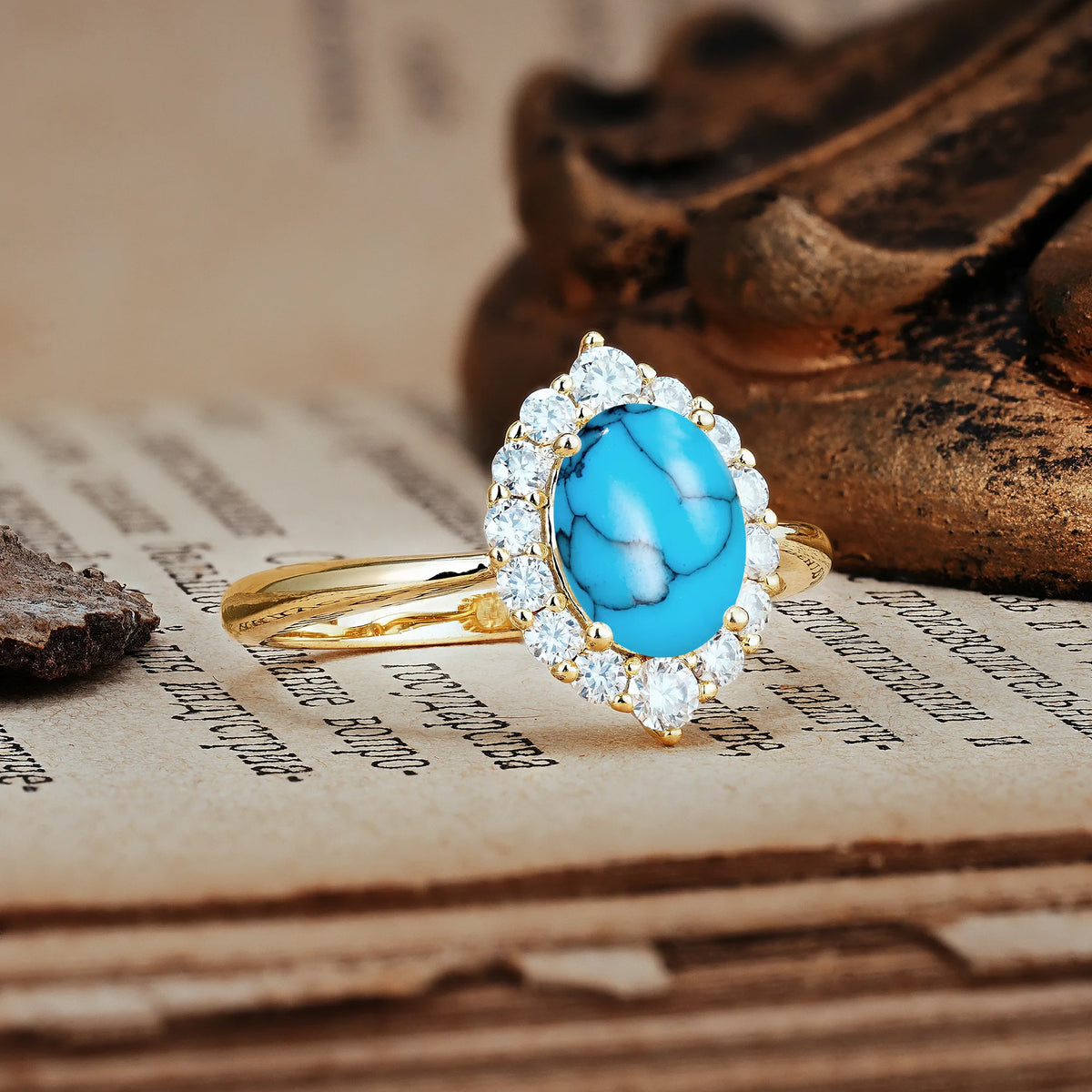 Dainty Plain Polished Band Ball Prong Oval Cut Halo Stackable Turquoise Engagement Ring