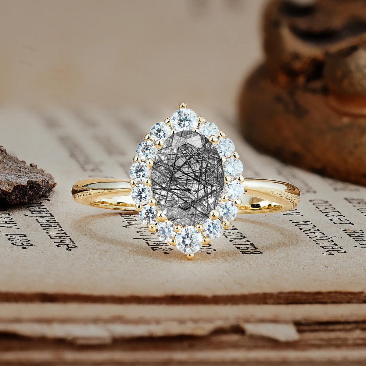 Dainty Plain Polished Band Ball Prong Oval Cut Halo Stackable Black Rutilated Quartz Engagement Ring
