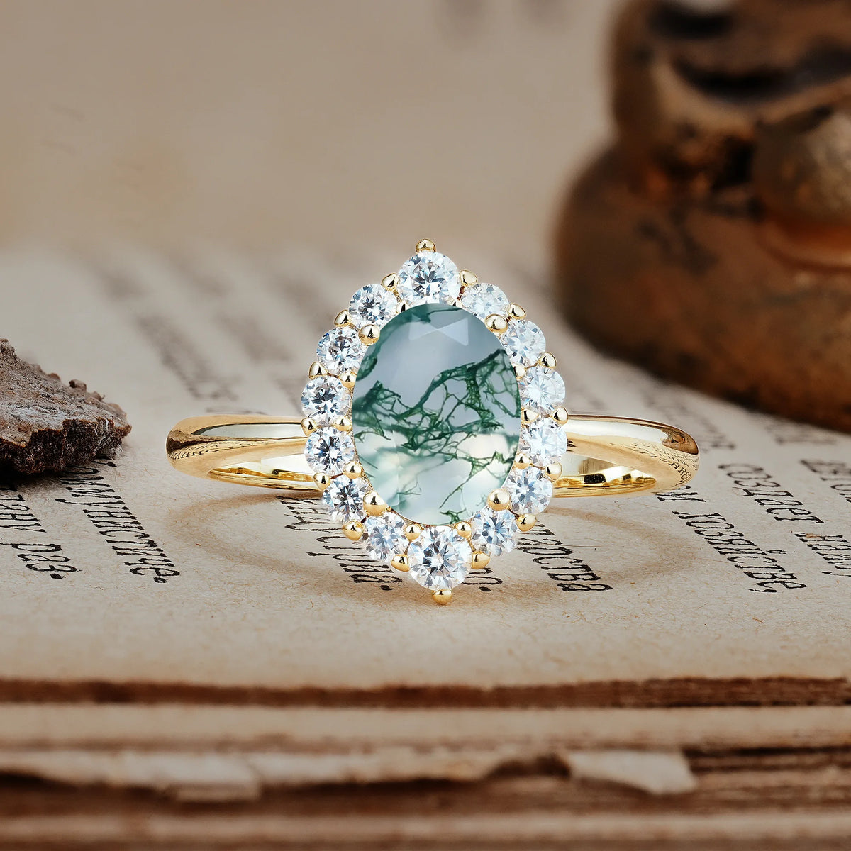 Dainty Plain Polished Band Ball Prong Oval Cut Halo Stackable Moss Agate Engagement Ring