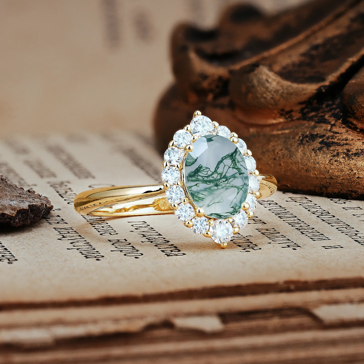 Dainty Plain Polished Band Ball Prong Oval Cut Halo Stackable Moss Agate Engagement Ring