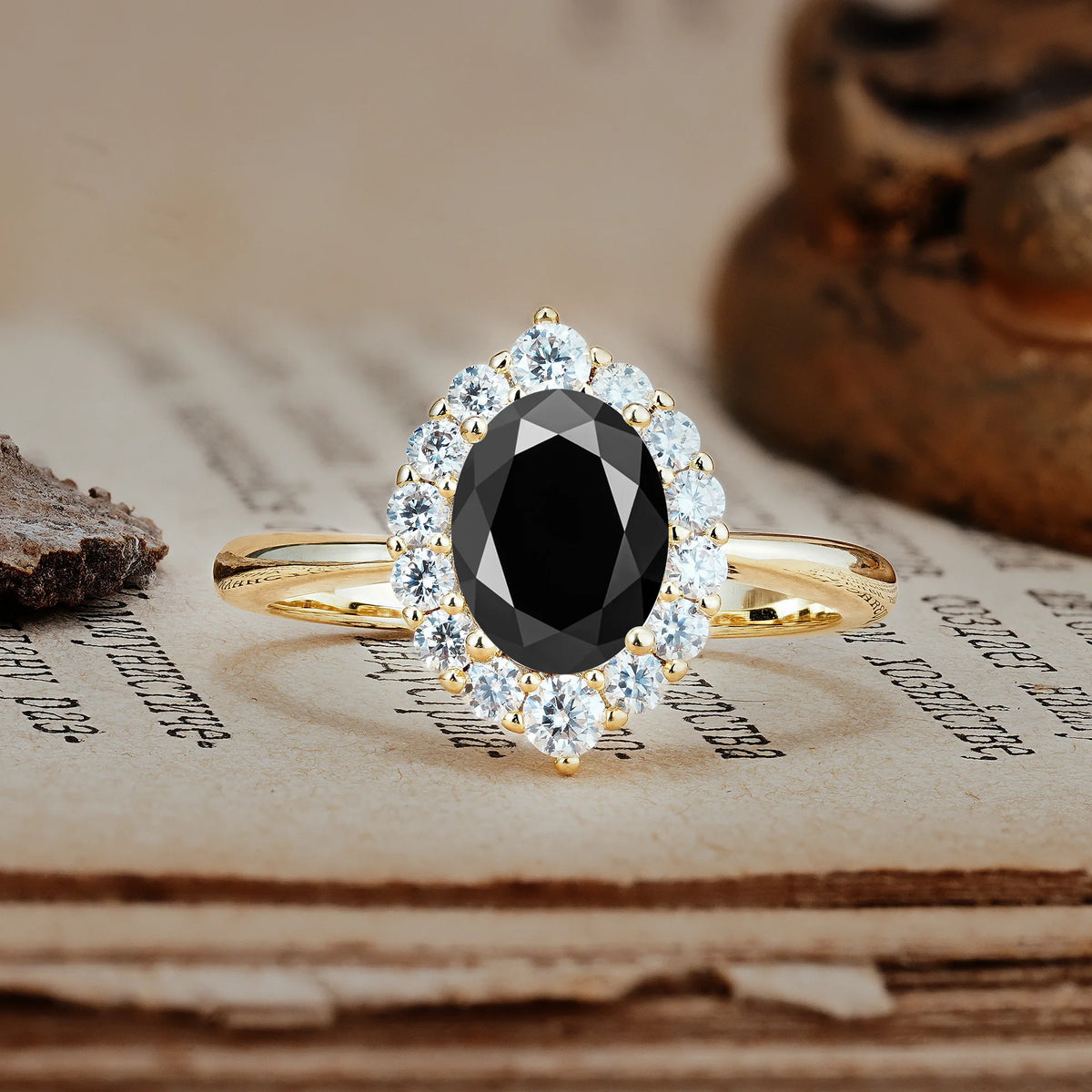 Dainty Plain Polished Band Ball Prong Oval Cut Halo Stackable Black Onyx Engagement Ring