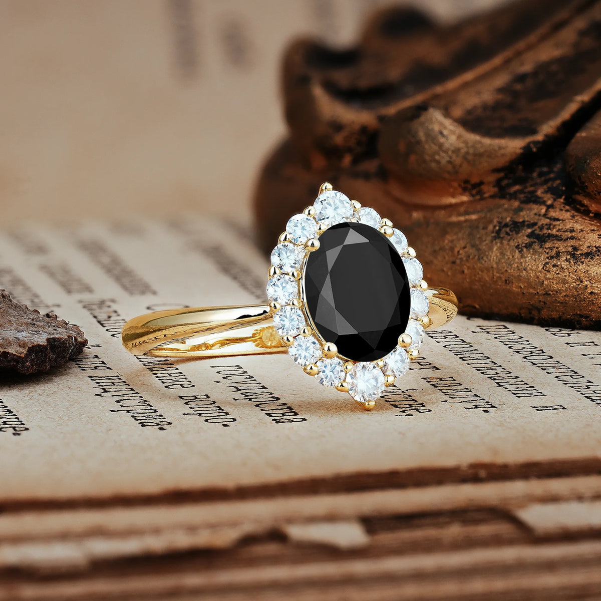 Dainty Plain Polished Band Ball Prong Oval Cut Halo Stackable Black Onyx Engagement Ring