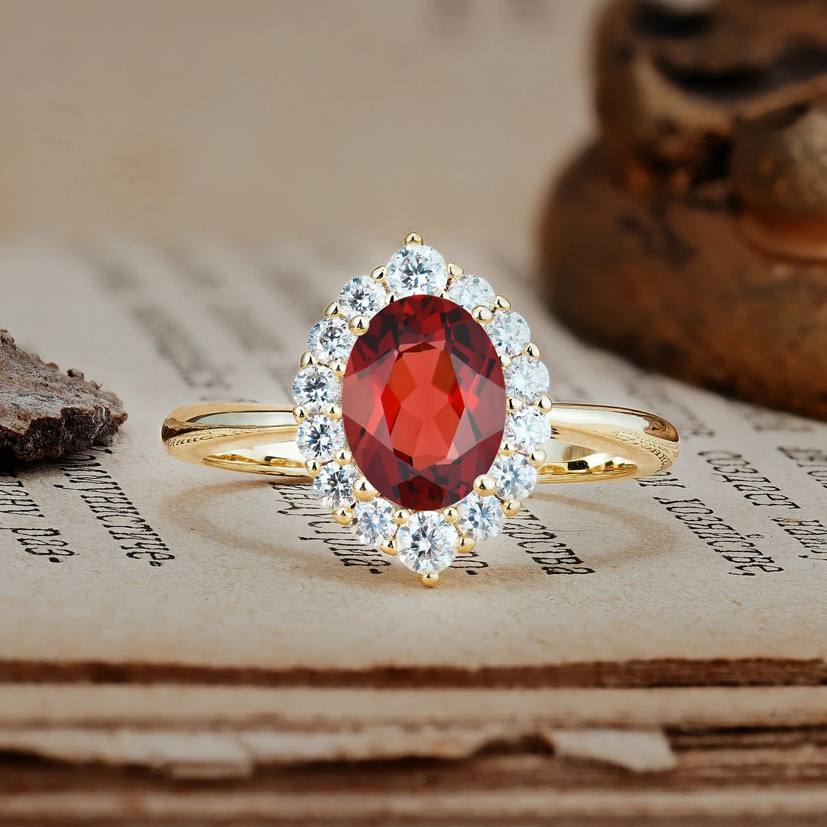 Dainty Plain Polished Band Ball Prong Oval Cut Halo Stackable Garnet Engagement Ring