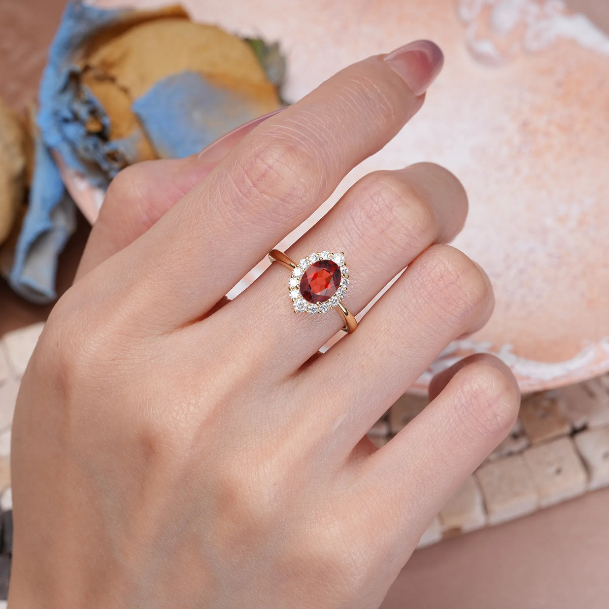 Oval Cut Garnet Dainty Plain Polished Band Ball Prong Halo Stackable Engagement Ring