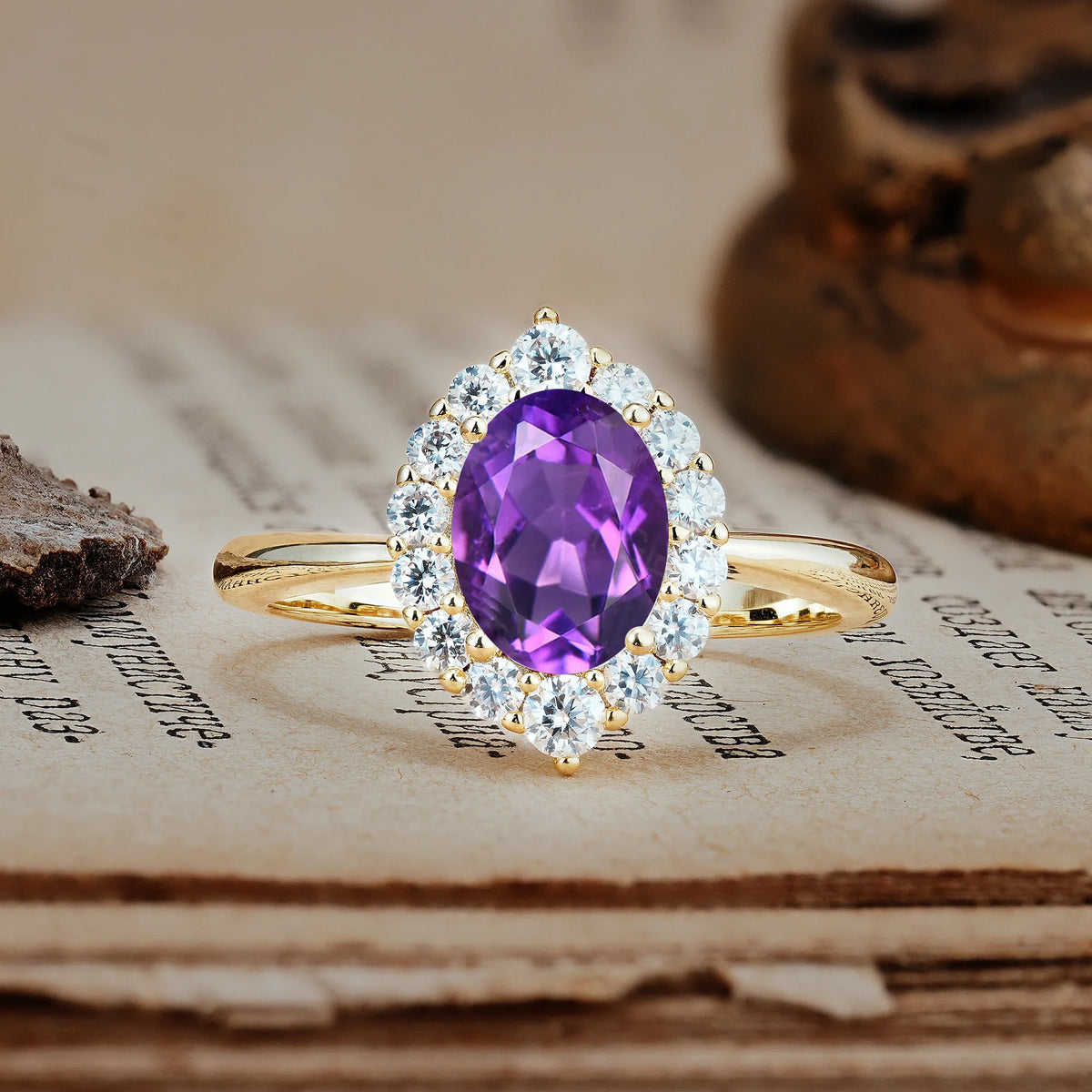 Dainty Plain Polished Band Ball Prong Oval Cut Halo Stackable Amethyst Engagement Ring