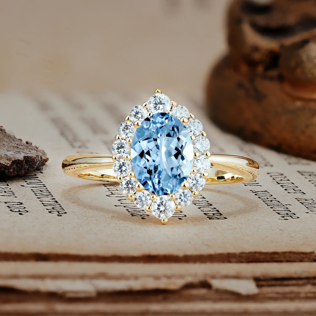 Dainty Plain Polished Band Ball Prong Oval Cut Halo Stackable Aquamarine Engagement Ring
