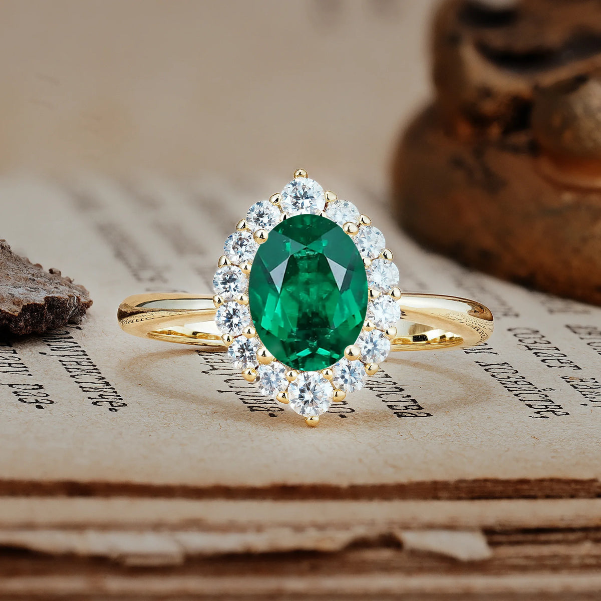 Dainty Plain Polished Band Ball Prong Oval Cut Halo Stackable Emerald Engagement Ring