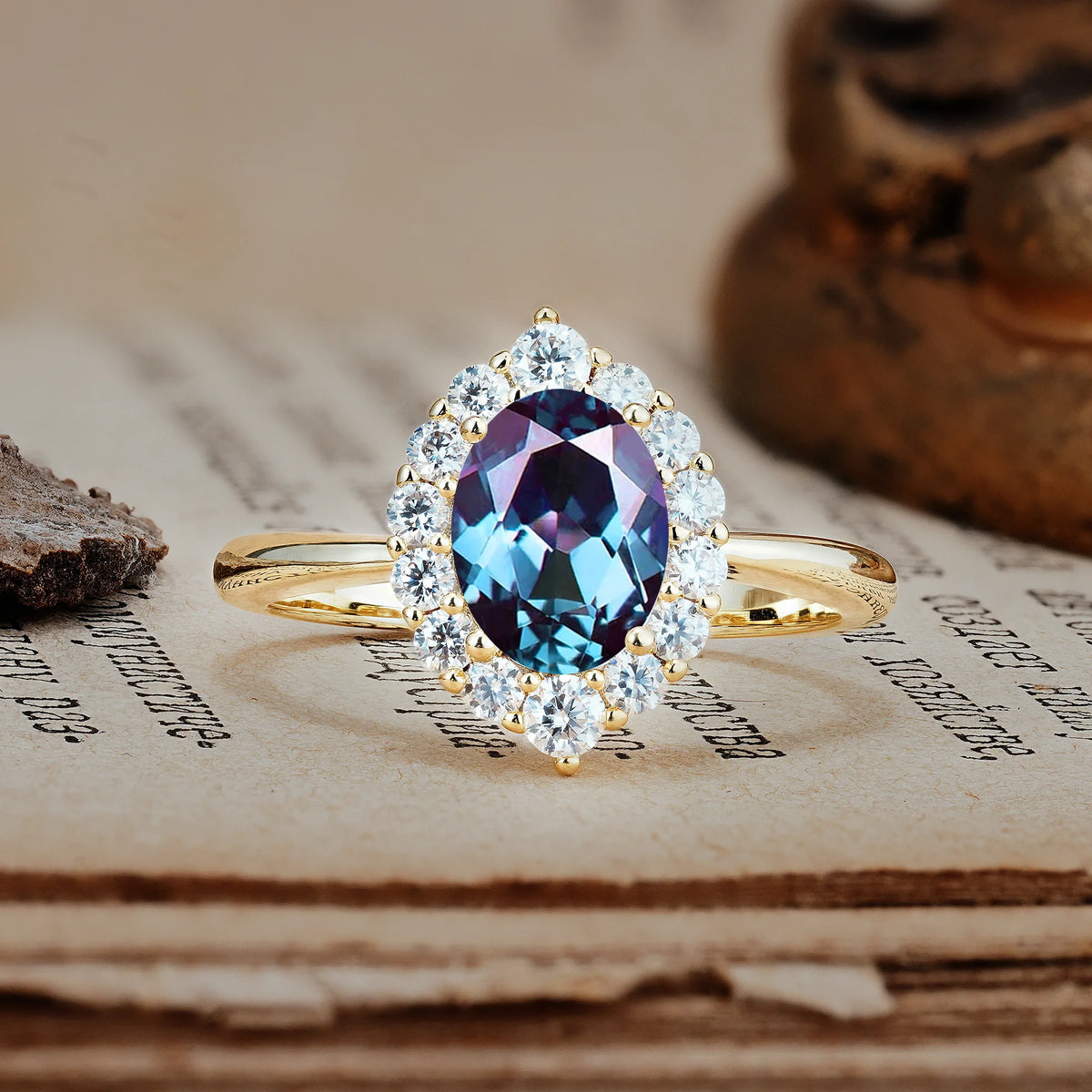 Dainty Plain Polished Band Ball Prong Oval Cut Halo Stackable Alexandrite Engagement Ring
