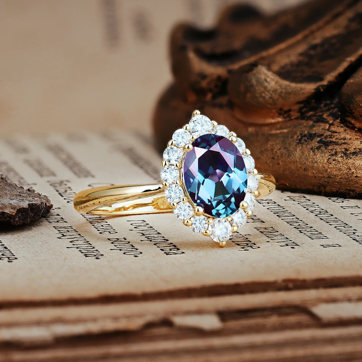 Dainty Plain Polished Band Ball Prong Oval Cut Halo Stackable Alexandrite Engagement Ring