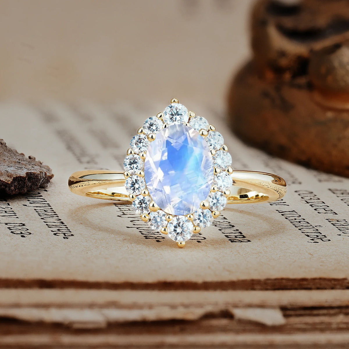 Dainty Plain Polished Band Ball Prong Oval Cut Halo Stackable Moonstone Engagement Ring