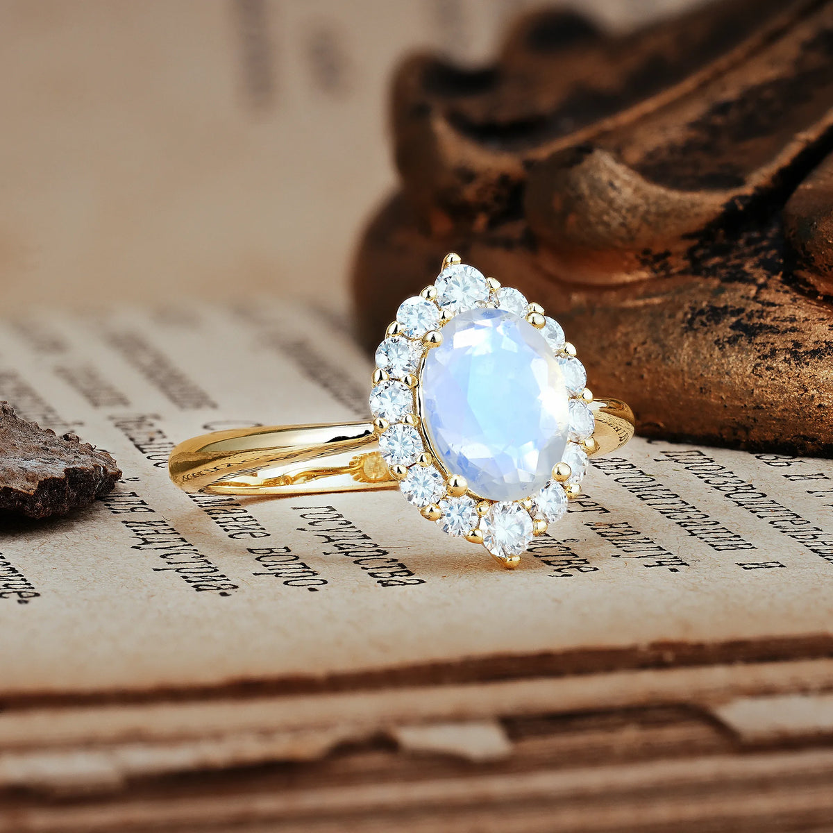Dainty Plain Polished Band Ball Prong Oval Cut Halo Stackable Moonstone Engagement Ring