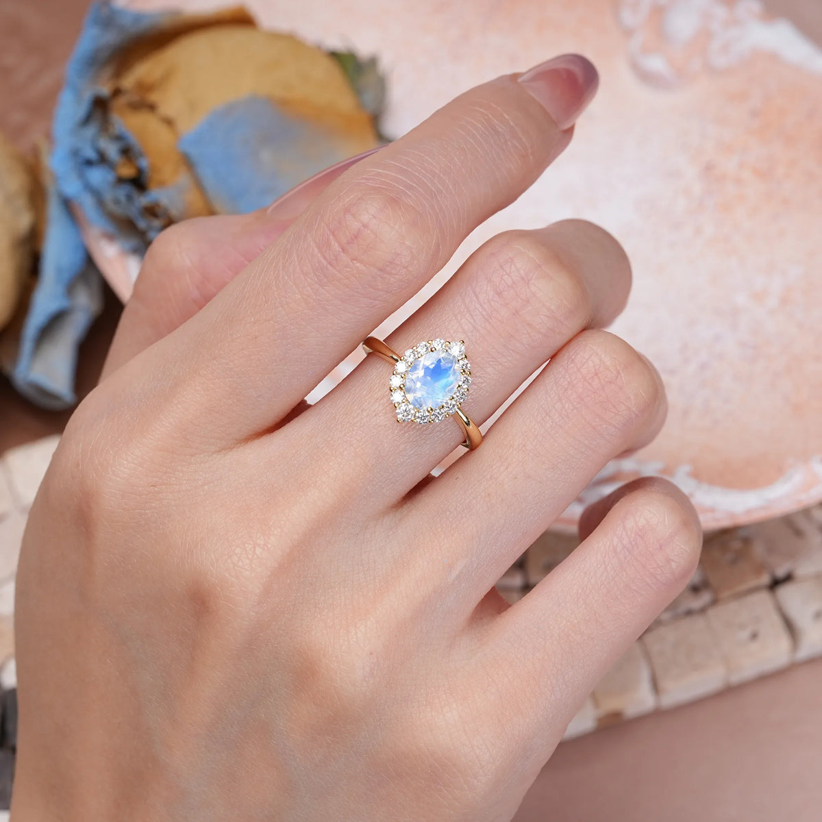 Oval Cut Moonstone Dainty Plain Polished Band Ball Prong Halo Stackable Engagement Ring