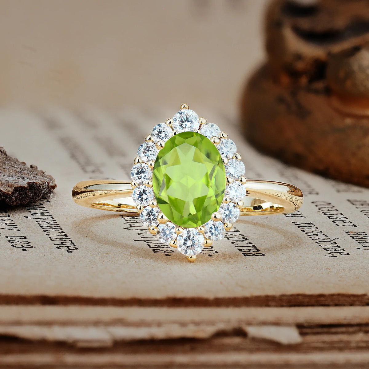 Dainty Plain Polished Band Ball Prong Oval Cut Halo Stackable Peridot Engagement Ring