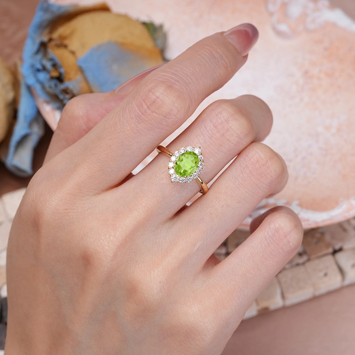 Oval Cut Peridot Dainty Plain Polished Band Ball Prong Halo Stackable Engagement Ring