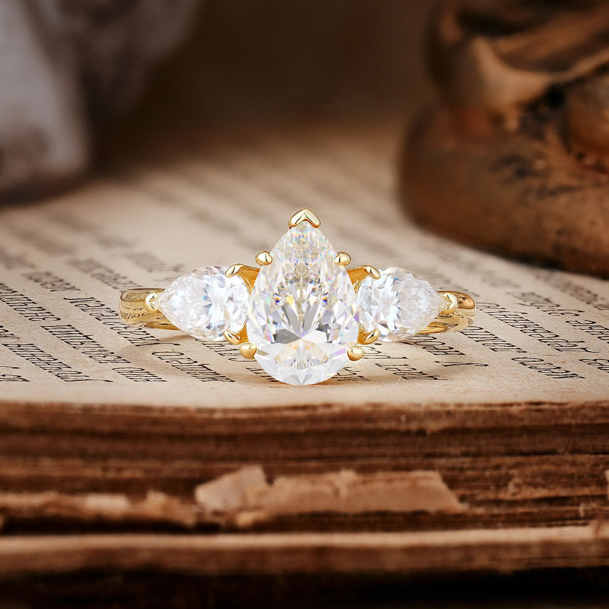 Classic, Luxurious 5-Prong Pear Cut Moissanite Three-Stone Engagement Ring