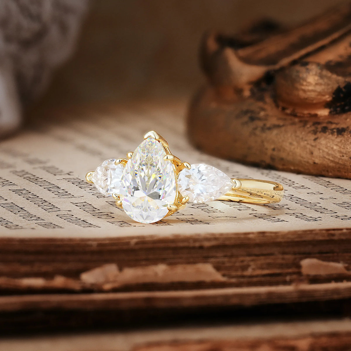 Classic, Luxurious 5-Prong Pear Cut Moissanite Three-Stone Engagement Ring