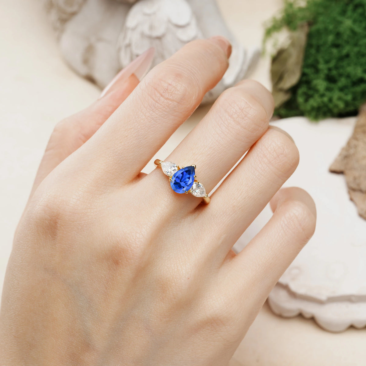 Pear Cut Sapphire Classic, Luxurious 5-Prong Three-Stone Engagement Ring