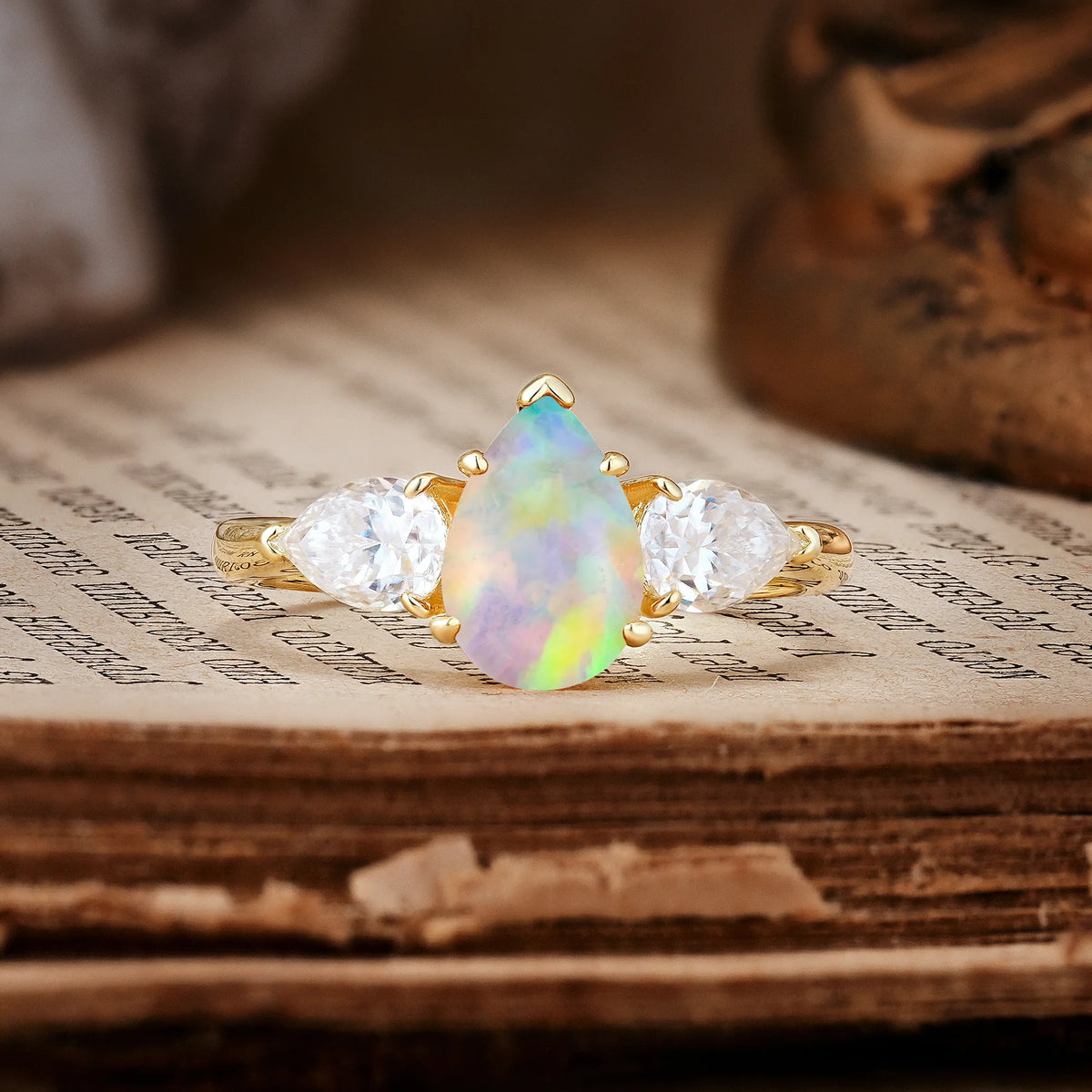 Classic, Luxurious 5-Prong Pear Cut Fire Opal Three-Stone Engagement Ring