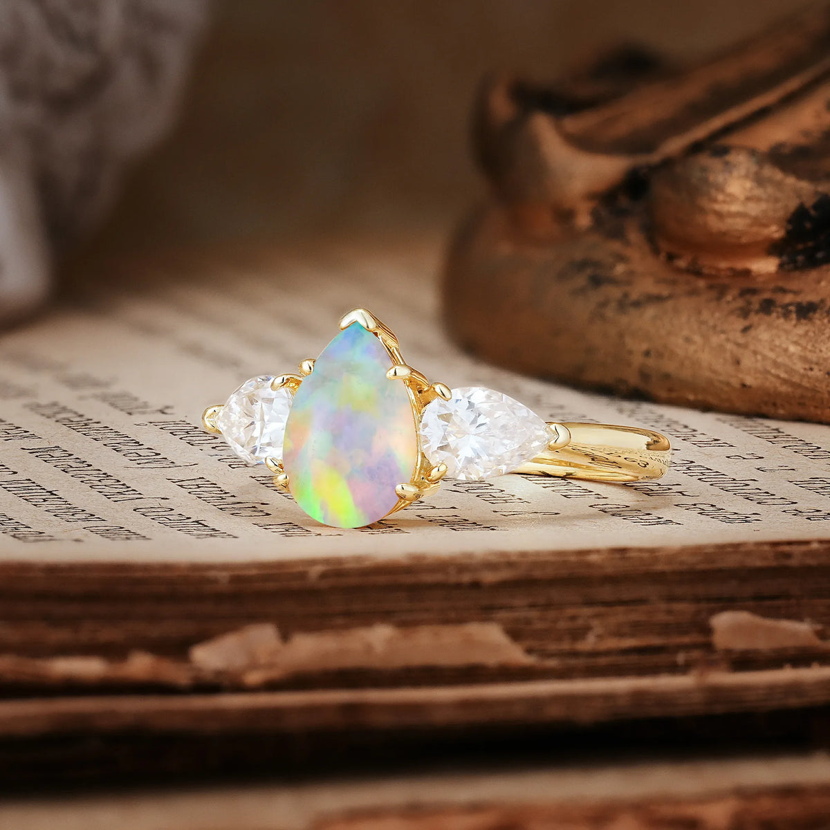 Classic, Luxurious 5-Prong Pear Cut Fire Opal Three-Stone Engagement Ring