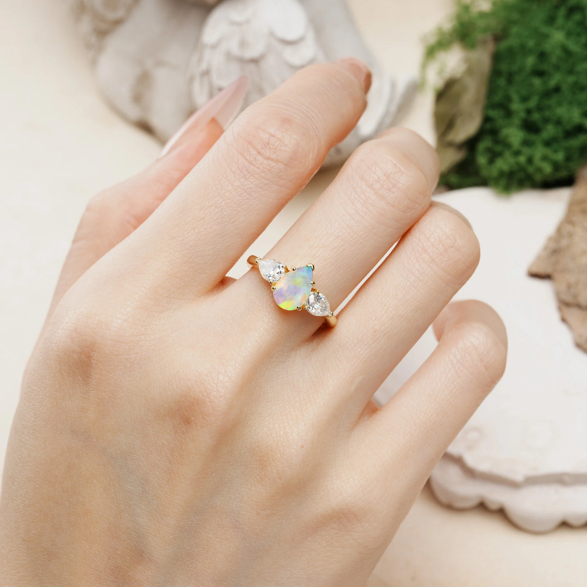 Pear Cut Fire Opal Classic, Luxurious 5-Prong Three-Stone Engagement Ring