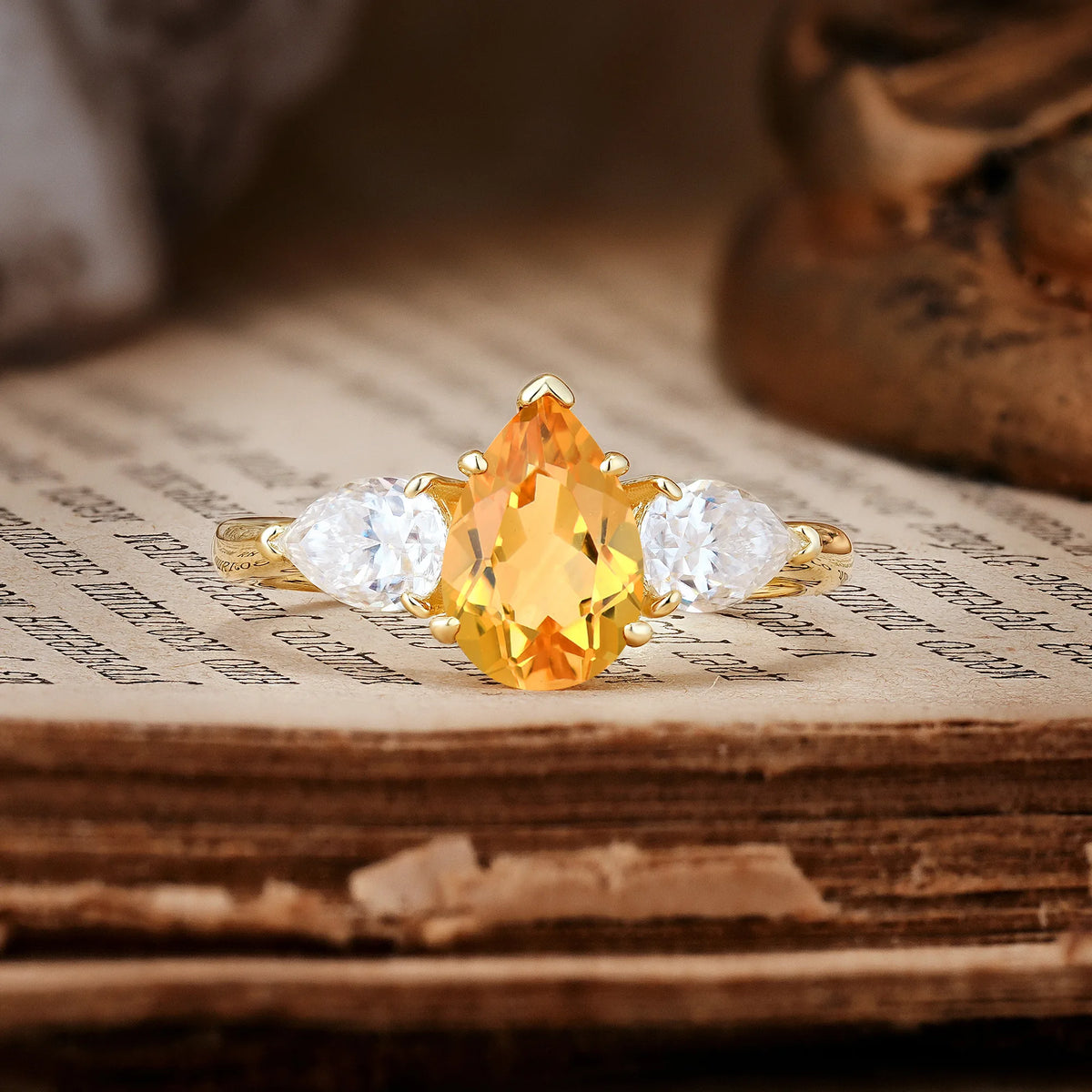 Classic, Luxurious 5-Prong Pear Cut Citrine Three-Stone Engagement Ring