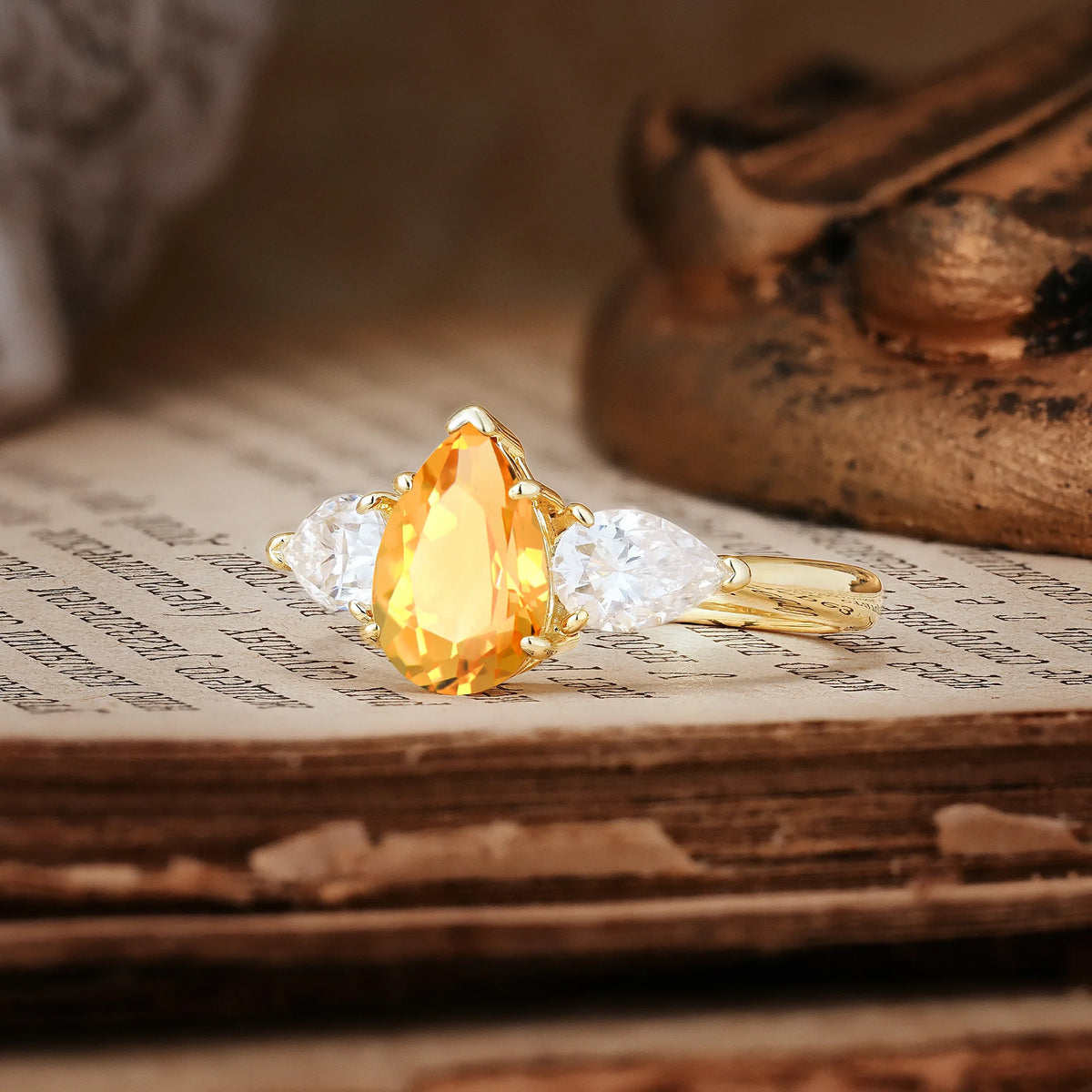 Classic, Luxurious 5-Prong Pear Cut Citrine Three-Stone Engagement Ring