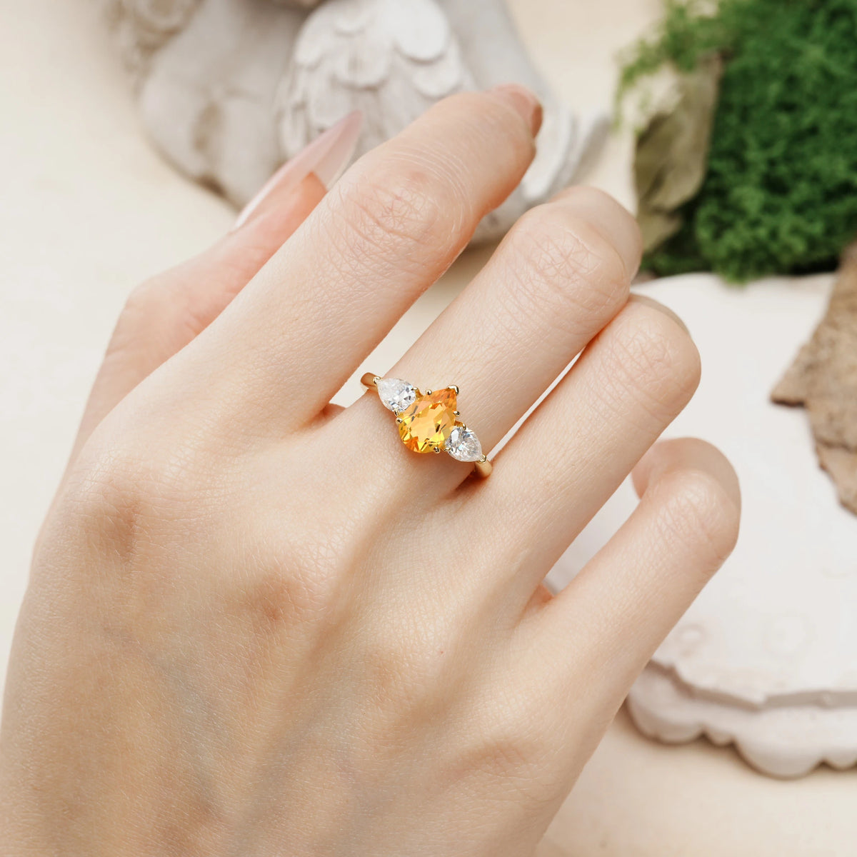 Pear Cut Citrine Classic, Luxurious 5-Prong Three-Stone Engagement Ring
