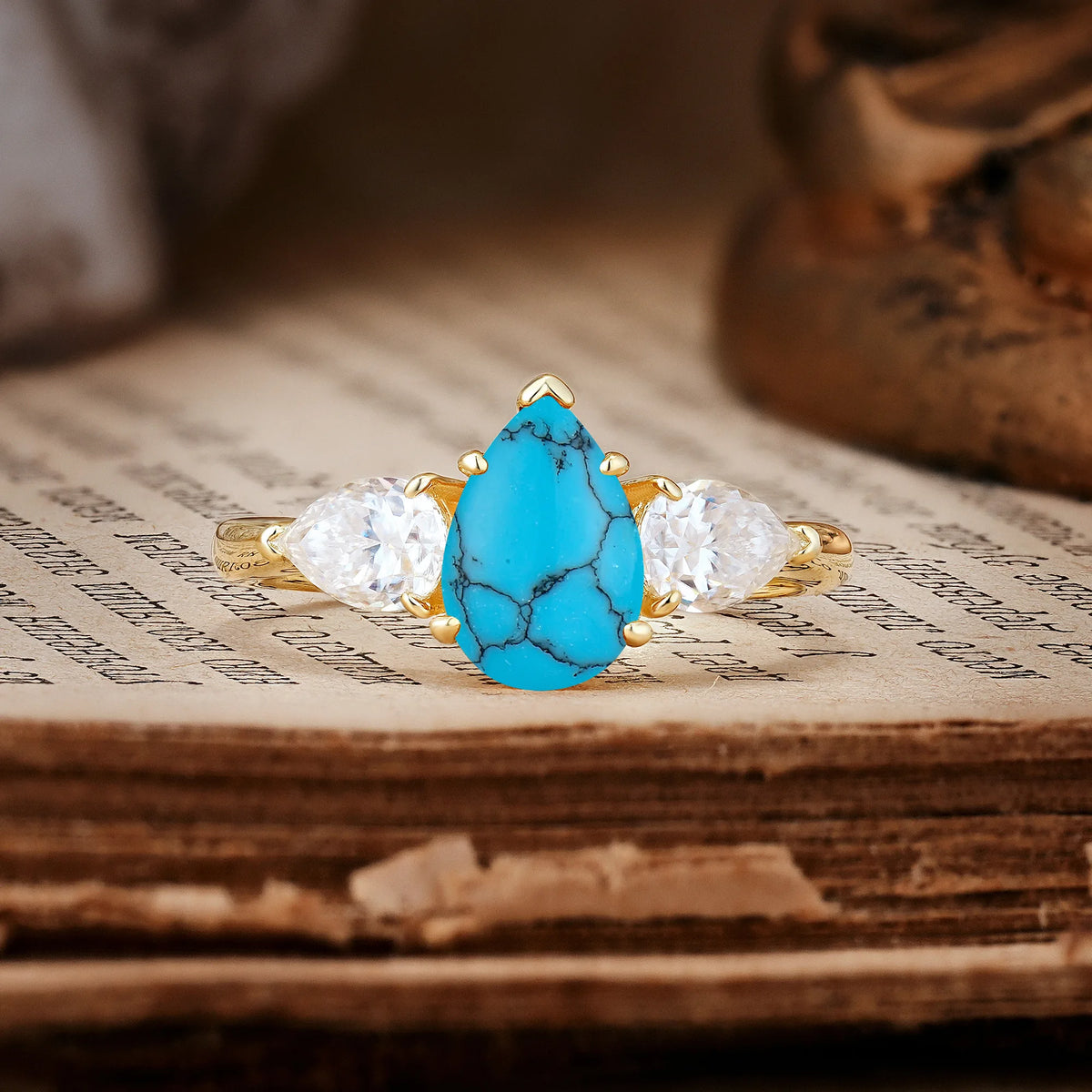 Classic, Luxurious 5-Prong Pear Cut Turquoise Three-Stone Engagement Ring