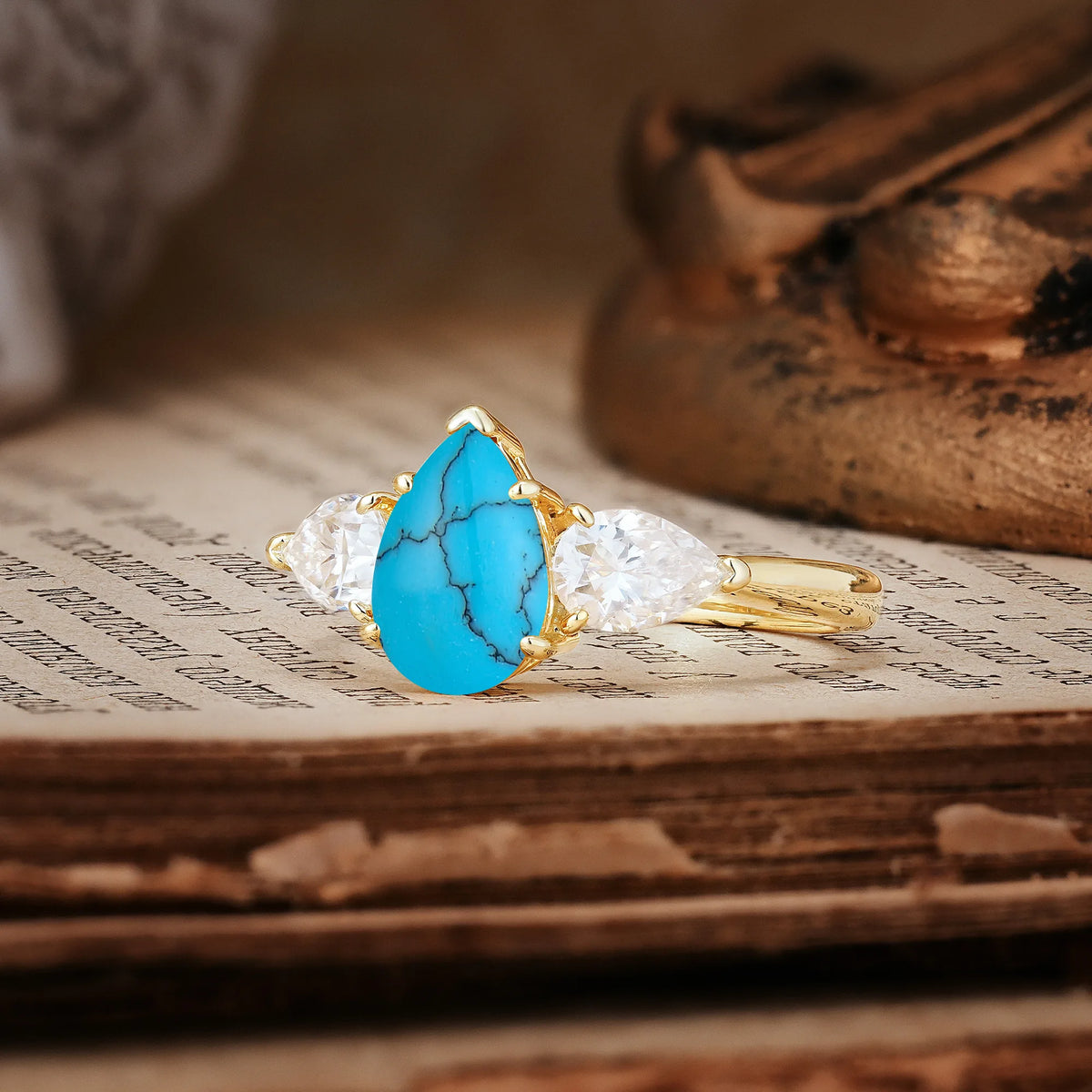 Classic, Luxurious 5-Prong Pear Cut Turquoise Three-Stone Engagement Ring