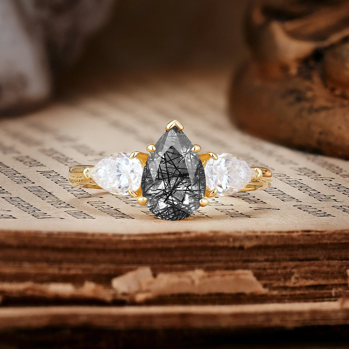 Classic, Luxurious 5-Prong Pear Cut Black Rutilated Quartz Three-Stone Engagement Ring