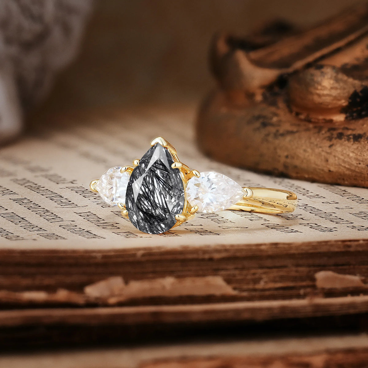 Classic, Luxurious 5-Prong Pear Cut Black Rutilated Quartz Three-Stone Engagement Ring
