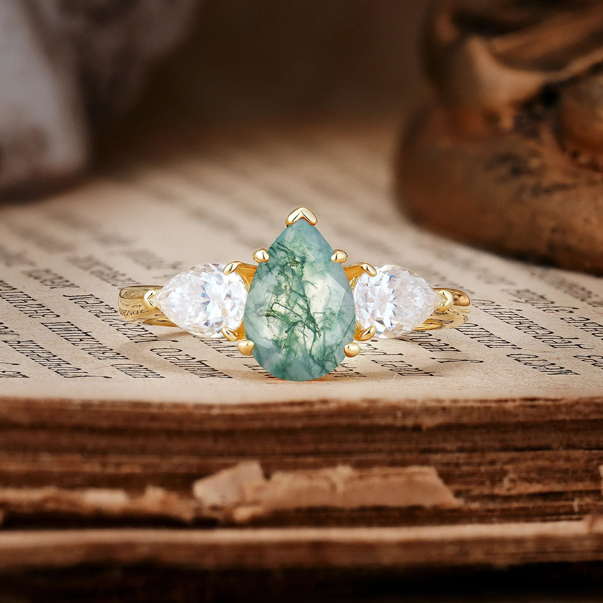 Classic, Luxurious 5-Prong Pear Cut Moss Agate Three-Stone Engagement Ring