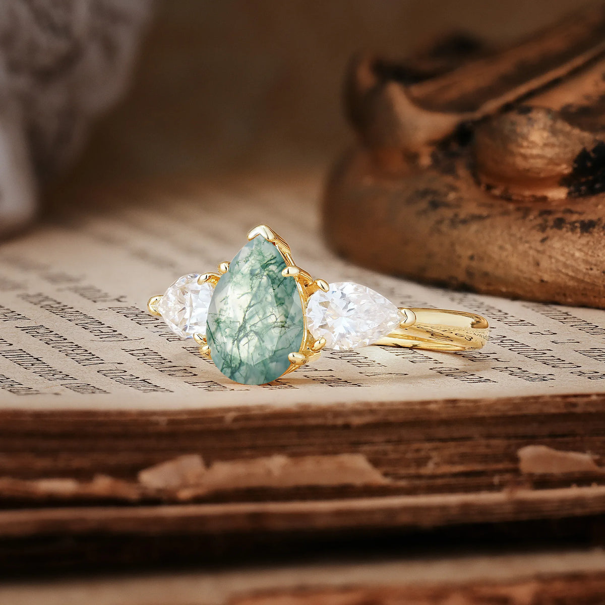 Classic, Luxurious 5-Prong Pear Cut Moss Agate Three-Stone Engagement Ring