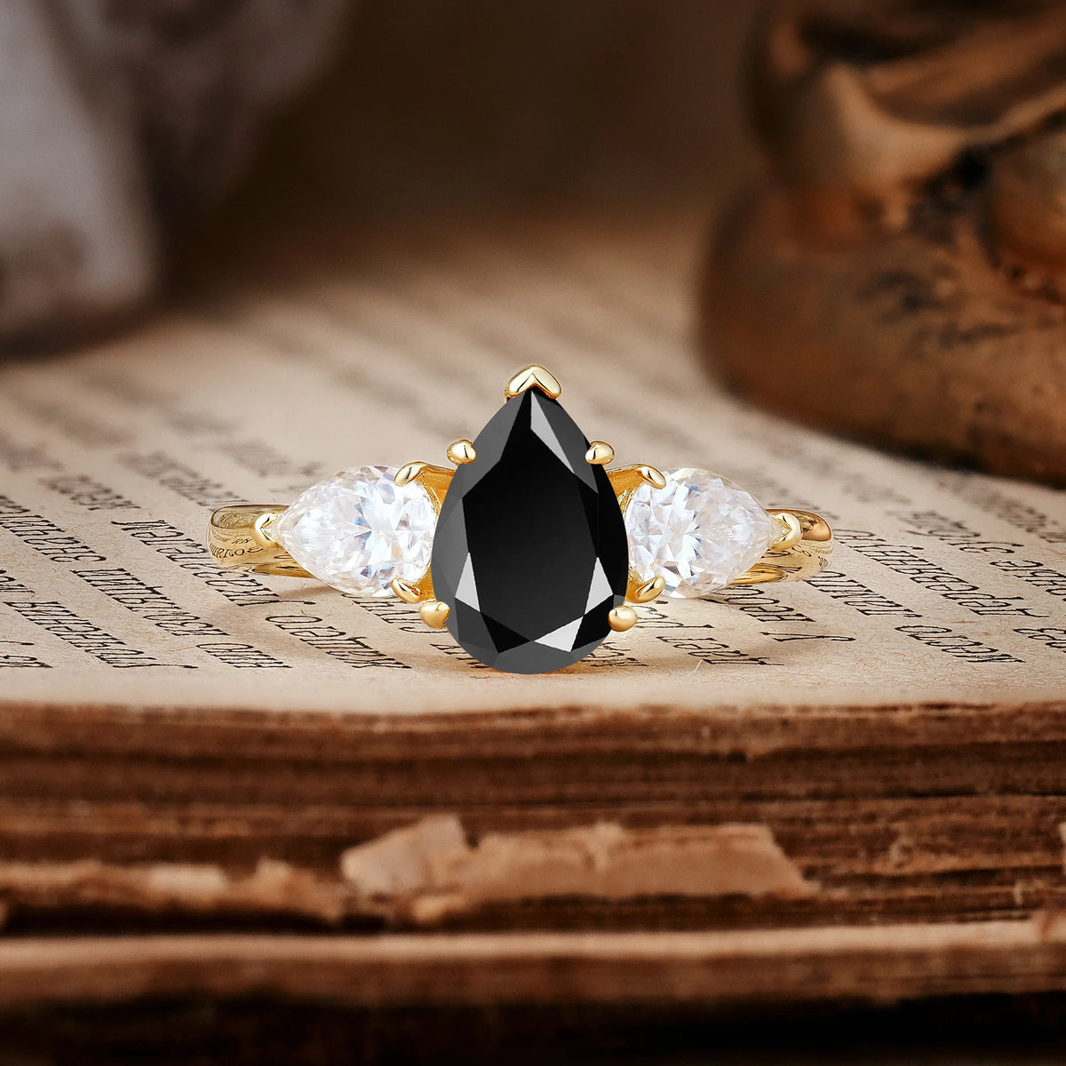 Classic, Luxurious 5-Prong Pear Cut Black Onyx Three-Stone Engagement Ring