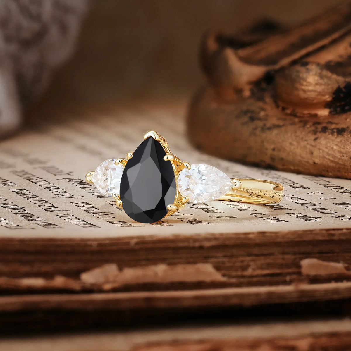 Classic, Luxurious 5-Prong Pear Cut Black Onyx Three-Stone Engagement Ring