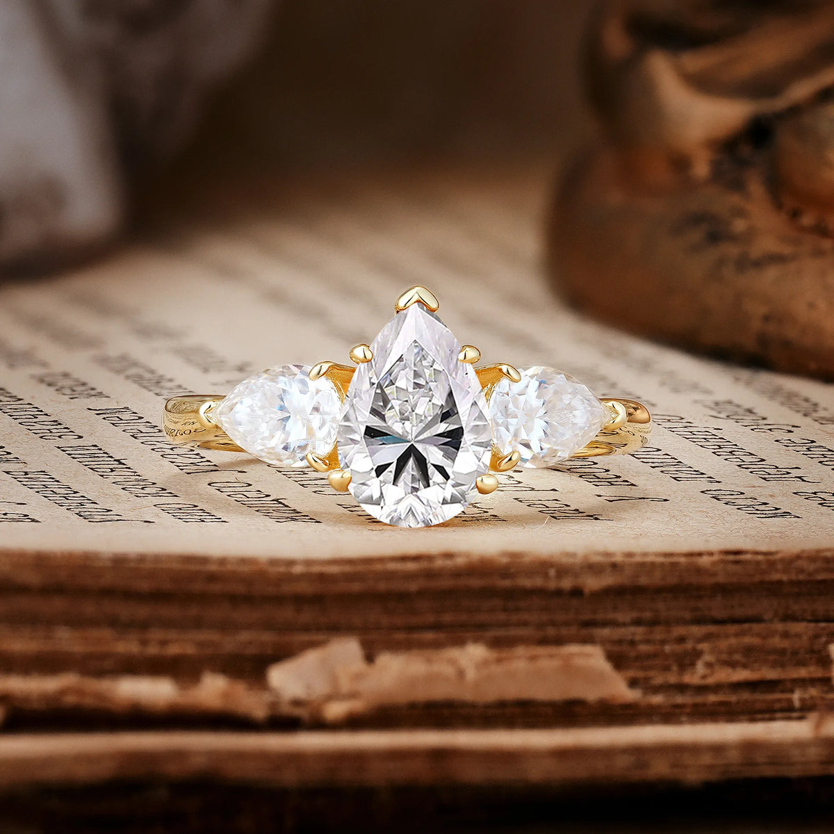 Classic, Luxurious 5-Prong Pear Cut Lab Diamond Three-Stone Engagement Ring
