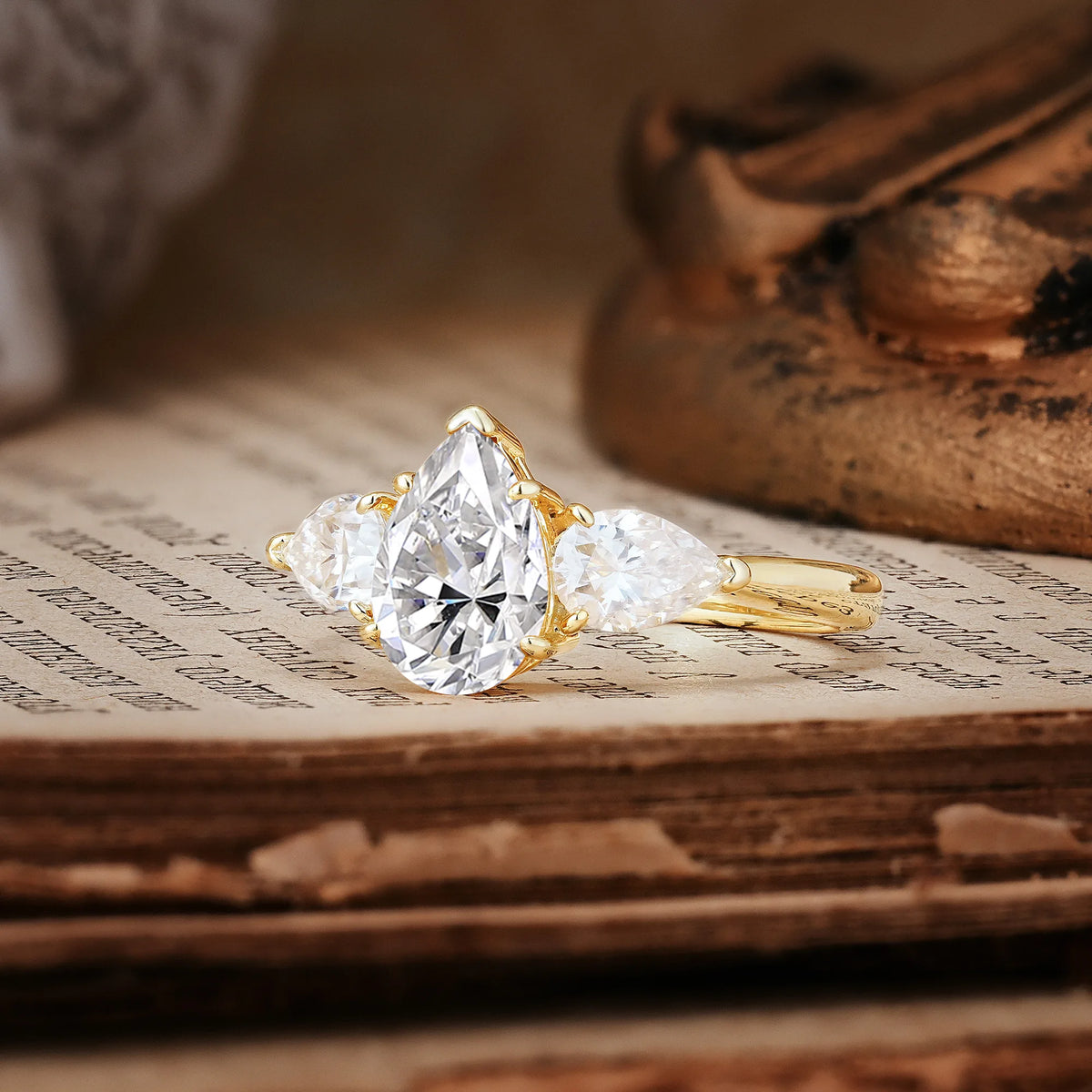 Classic, Luxurious 5-Prong Pear Cut Lab Diamond Three-Stone Engagement Ring