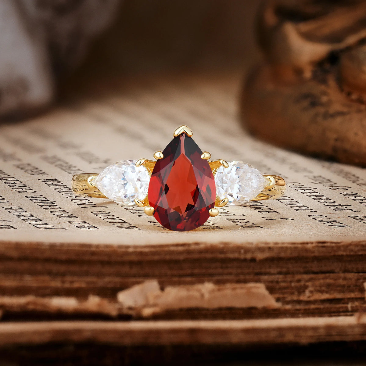 Classic, Luxurious 5-Prong Pear Cut Garnet Three-Stone Engagement Ring