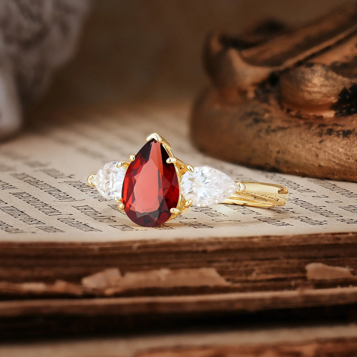 Classic, Luxurious 5-Prong Pear Cut Garnet Three-Stone Engagement Ring