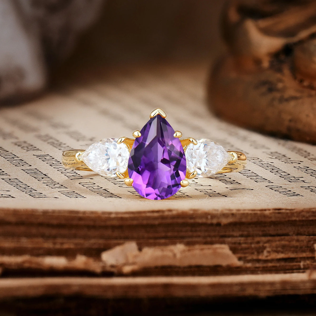Classic, Luxurious 5-Prong Pear Cut Amethyst Three-Stone Engagement Ring
